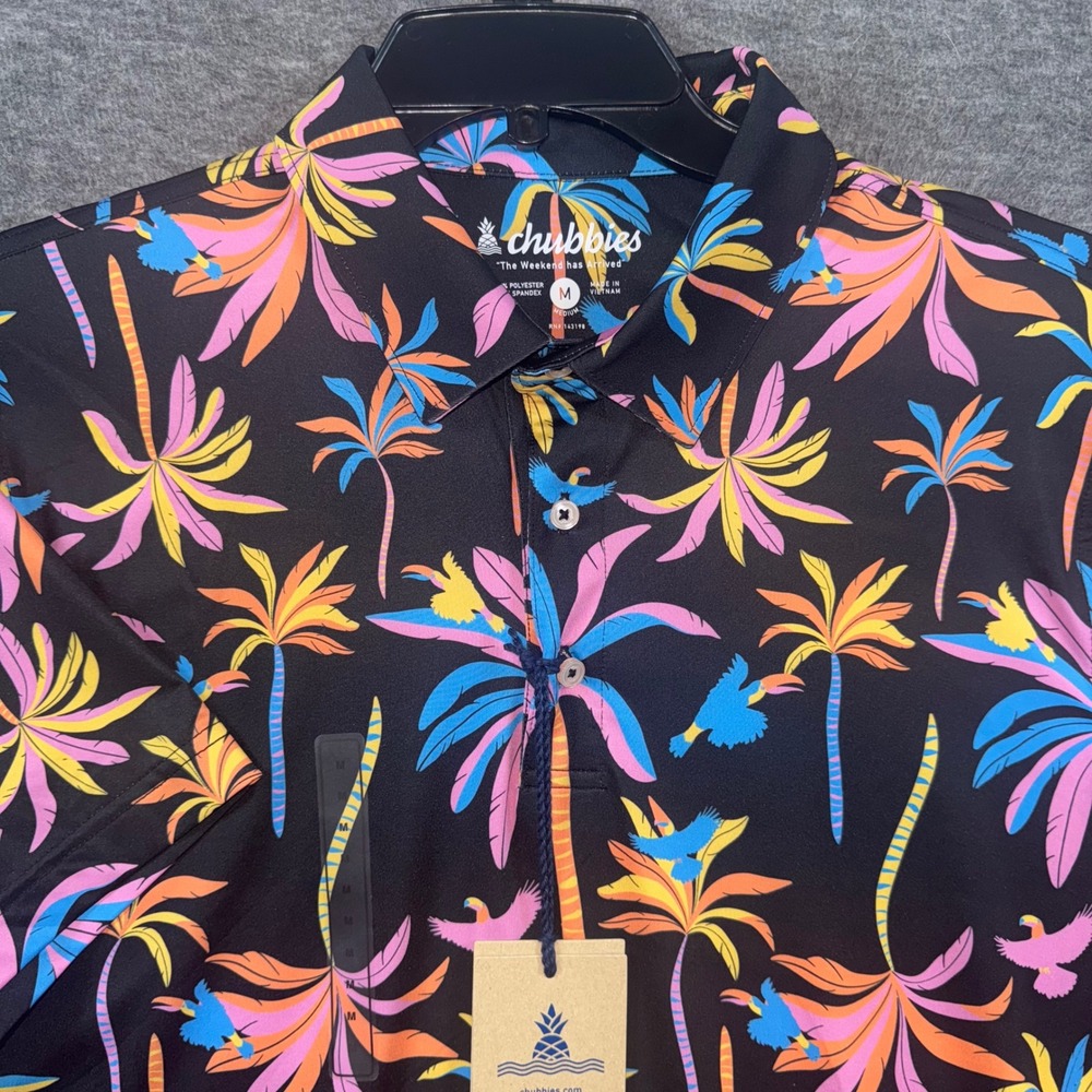 Chubbies Black Light Night Palm Tree Bird Performance Polo Shirt Mens Medium NEW